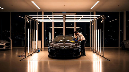 Car polishing service. Man polishing a car in a car washの素材