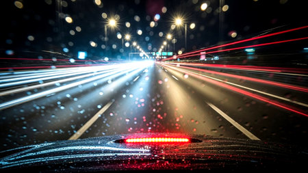 Car moving fast on the highway at night with light trails from headlightsの素材