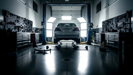 Car on a lift in a car repair shop. Toned.の素材