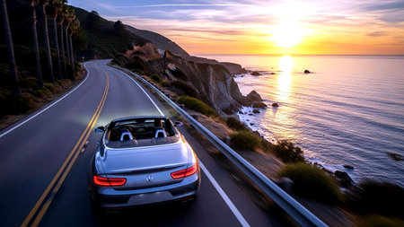 Car driving on the road at sunset, California, United States.の素材