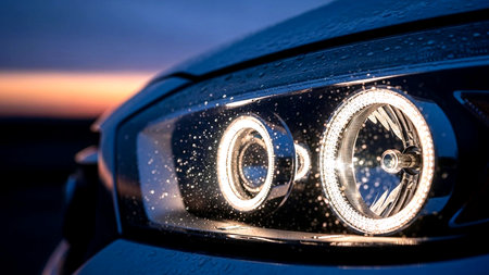 Close up of the headlights of a car at sunset. Selective focus.の素材