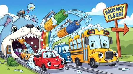 Cartoon Illustration of Funny School Bus and Kids on the Roadの素材