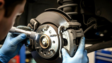 Car mechanic changing brake disc in auto repair shop. Selective focus.の素材