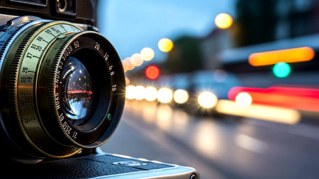 Camera on the background of the city at night. Close-upの素材