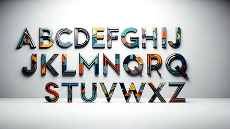 3D illustration of stylized multicolored alphabet made of glass bricksの素材