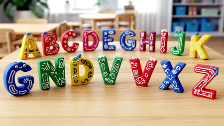 Colorful plastic letters spelling the word back to school on a wooden tableの素材