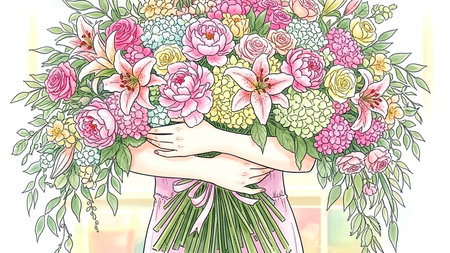 Illustration of a woman holding a bouquet of flowers in her handsの素材