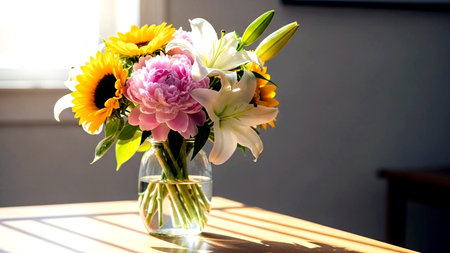 Bouquet of flowers in a glass vase on the tableの素材