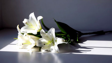 Bouquet of lilies on a white background with shadows.の素材