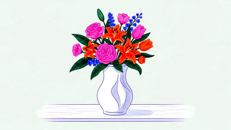 Brightly colored floral arrangement featuring roses, lilies, and tulips in a modern white vase. A beautiful, decorative illustration perfect for spring, gifts, or home decor concepts.の素材