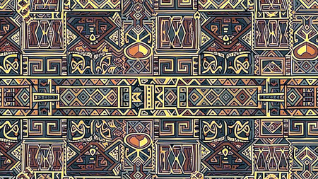 Seamless ethnic geometric pattern background featuring complex tribal motifs and traditional ornamental design elements in earthy tones, ideal for textiles or digital art.の素材