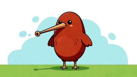 Adorable cartoon kiwi bird illustration, featuring a friendly brown flightless bird standing on vibrant green grass with a soft blue sky. Perfect for children's books, educational content, or nature-themed designs.の素材