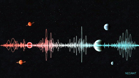 Vibrant red and blue sound waves ripple across a star-filled galaxy, featuring planets like Saturn and Jupiter, symbolizing cosmic harmony, data visualization, and the vastness of scientific discovery.の素材