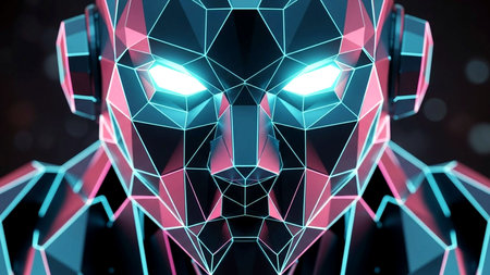 Close-up of a futuristic robot head with intricate geometric design and bright glowing blue eyes, symbolizing artificial intelligence, innovation, and digital advancement.の素材