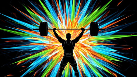 Dynamic silhouette of a strong weightlifter performing an overhead barbell lift, set against an explosive, vibrant abstract background. Conveys power, energy, and determination for fitness and motivational content.の素材