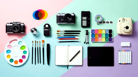 An organized flat lay showcasing a wide array of artistic instruments and photography equipment, including cameras, paints, brushes, and digital tools, arranged on a vibrant, multi-colored pastel surface. Perfect for design, hobby, or creative project themes.の素材