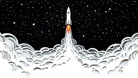 Dynamic paper cut-out illustration depicting a rocket ascending into a starlit night, perfect for visualizing new business ventures, technological advancement, and ambitious project launches.の素材