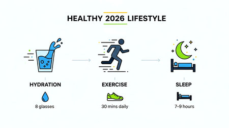 Modern infographic outlining the fundamental pillars of a healthy 2026 lifestyle: adequate hydration, consistent daily exercise, and sufficient sleep. Perfect for wellness and health-related content.の素材