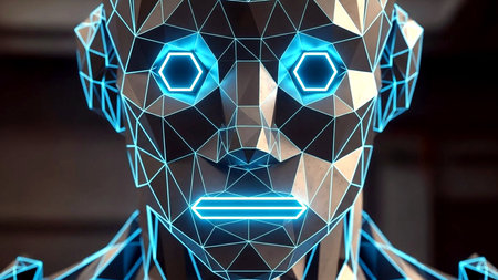 A close-up of a low poly, geometric human head design, illuminated by bright blue neon lines, symbolizing advanced artificial intelligence, machine learning, and digital network concepts for future technology.の素材