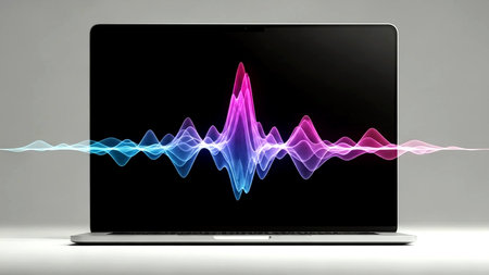 A vibrant, colorful digital sound wave visualizer displayed on a sleek laptop screen, set against a clean grey background, symbolizing audio technology and data processing.の素材