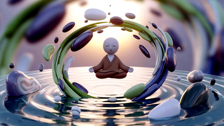 Captivating 3D illustration depicting a serene figure in meditation, enveloped by flowing shapes and gentle water, perfect for themes of inner peace, wellness, and mindful living.の素材