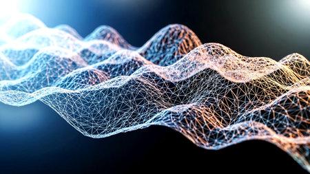 3D rendering of abstract digital landscape with glowing particles. Network connection structure.の素材