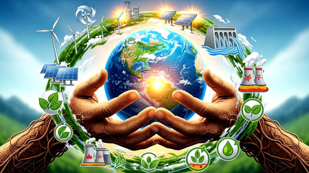 Human hands holding Earth globe with solar panels, wind turbines, solar panels, windmills and eco friendly symbolsの素材