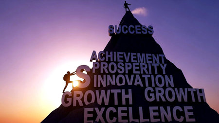 Conceptual image of success and motivation. Silhouette of a man climbing on top of a mountain.の素材