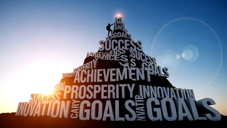 Conceptual image of success and motivation as a pyramid on top of a mountain.の素材