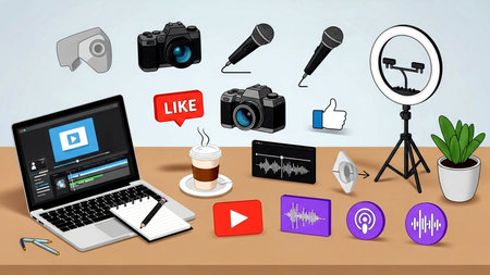 illustration of live streaming concept with laptop, camera, microphone and coffee cupの素材