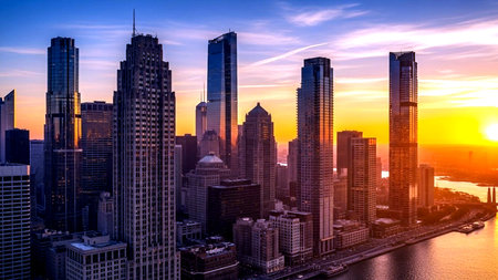 Chicago skyline at sunset with skyscrapers over Lake Michigan, USAの素材