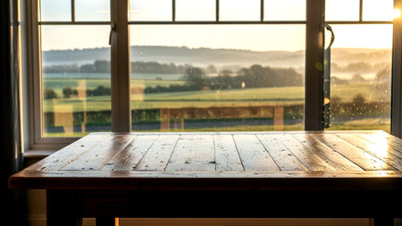 Wooden table in front of a window with a view of the countrysideの素材