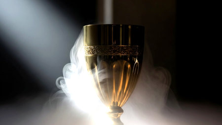 golden chalice on a black background with smoke and lightingの素材