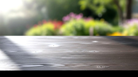 Wooden table top on blurred garden background - can be used for display or montage your productsの素材