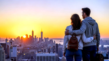 Back view of a young couple looking at the city skyline at sunsetの素材