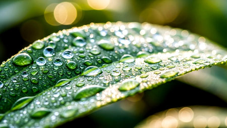 Water drops on green leaf. Nature background. Shallow depth of field.の素材
