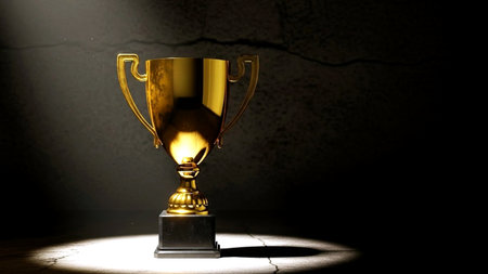 golden trophy on dark background. 3d render illustration with copy spaceの素材