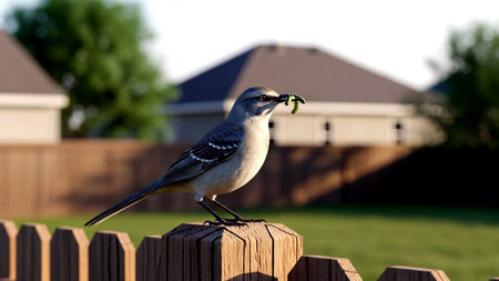 Mockingbird on a fence with a worm in its beakの素材