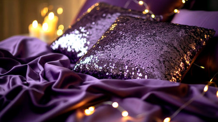 Luxury pillow on the bed with garland and candles.の素材
