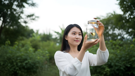 Asian woman holding a glass jar with money coin in nature background.の素材