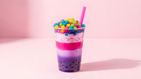 Colorful bubble tea in plastic cup on pastel pink background.の素材