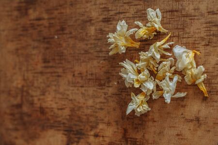 dry yellow white flowers on a wooden vintage table textureの写真素材