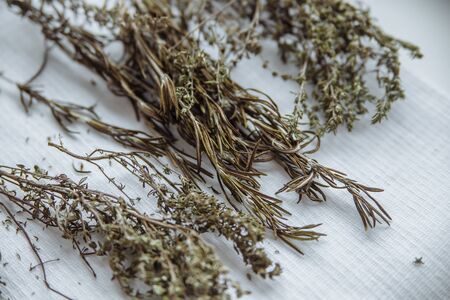 dry herb mint rosemary on a white towel
の写真素材