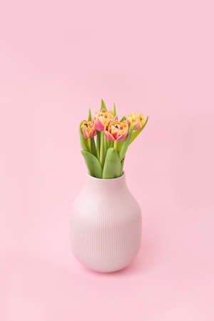 Bright, fresh flowers in a pink vase on a pink background.