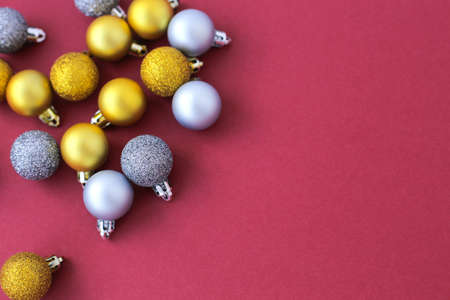 Bright, colored, shiny Christmas decorations on a colored background, full screen.の写真素材