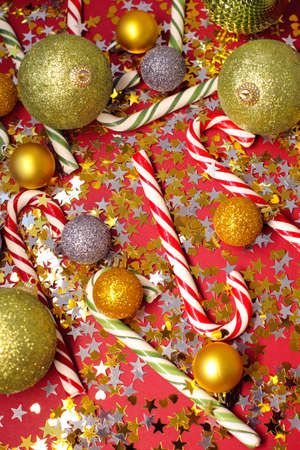 Bright Christmas decorations on a bright, juicy background in full screen.