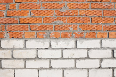 Brick, old, shabby wall in full screen. Wall with bumps and cement.