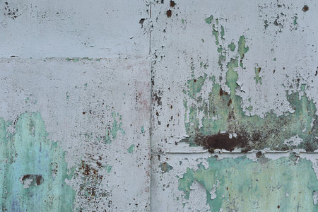 Iron, rusty texture. An old piece of iron, stained paint on the wall.