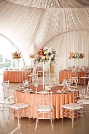 Bright, trendy, stylish wedding decor for a wedding.の写真素材