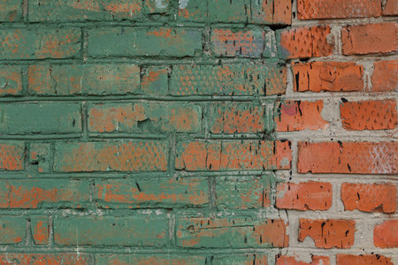 An old, colored, destroyed brick wall in full screen.の写真素材